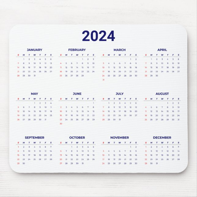 Mousepad Simples 2024 Anos Num Calendário Azul E Branco (Frente)