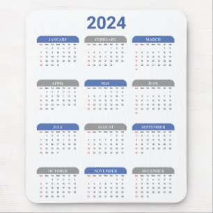 Mousepad Simples 2024 Anos Num Calendário Azul E Branco