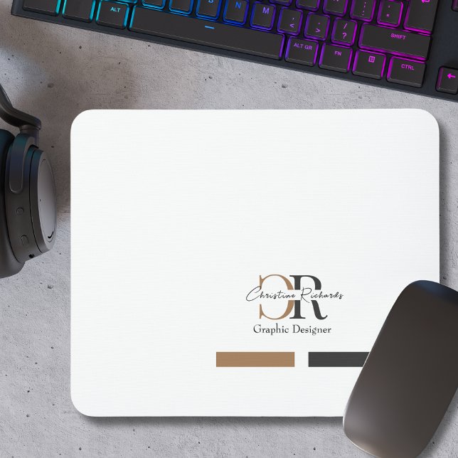 Mousepad Simples Monograma Dourado Preto Moderno (Criador carregado)