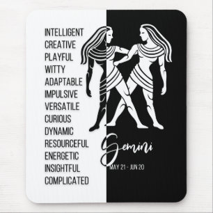 Mousepad Sinal de Gemini Zodiac Mousepad, Preto e Branco