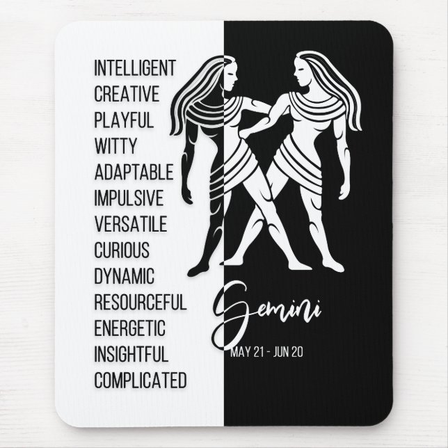 Mousepad Sinal de Gemini Zodiac Mousepad, Preto e Branco (Frente)