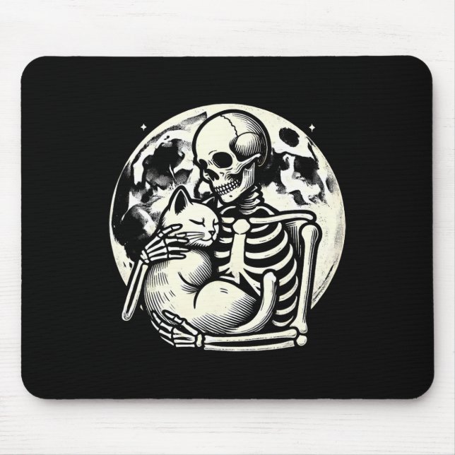 Mousepad Skeleton Segurando Gato Malandro Halloween Gótico (Frente)