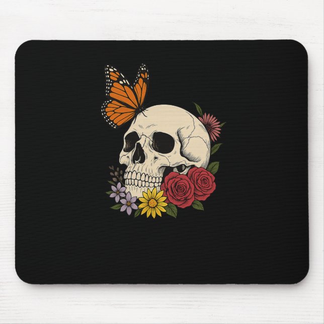 Mousepad Skulls Monarch Butterfly Flowers Halloween Men Wom (Frente)