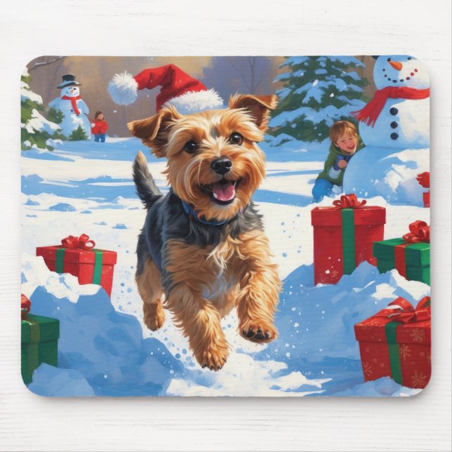 Mousepad Skye Terrier Correndo na Neve com Chapéu de Natal (Frente)