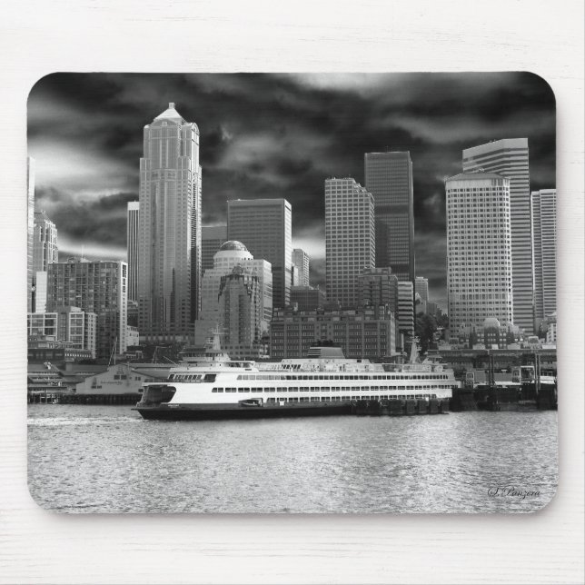 Mousepad skyline de seattle preto e branco (Frente)