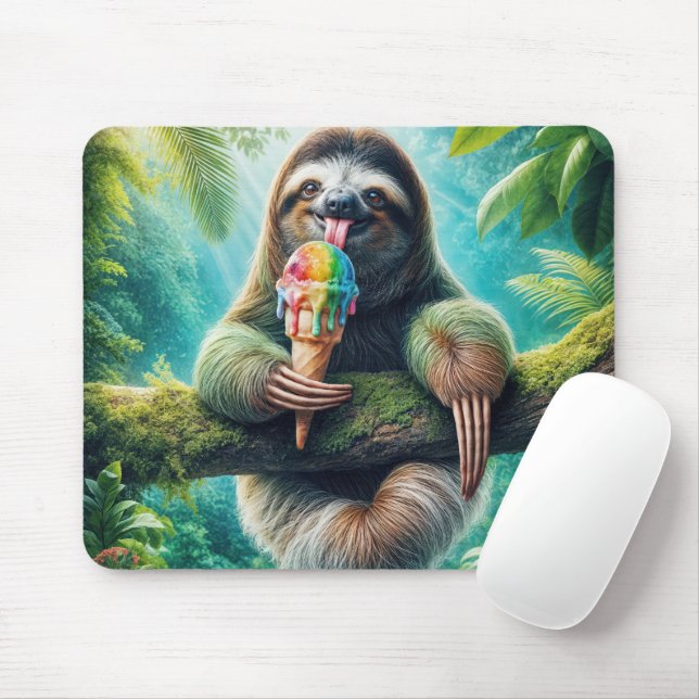 Mousepad Sloth Licenciando um Cone Sorvete Arco-Íris (Com mouse)