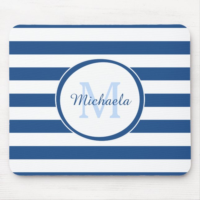 Mousepad Snazzy Azul Profundo Stripe Sólido Nome e Monogram (Frente)