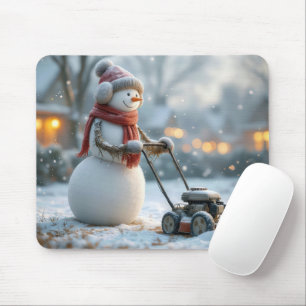 Mousepad Snowman empurrando um cortador de reltro na Grama