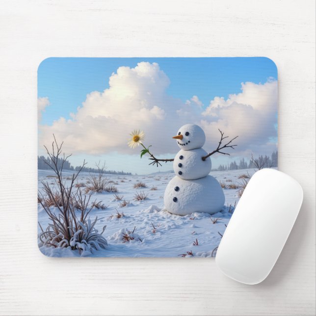 Mousepad Snowman Holding a White Daisy (Com mouse)
