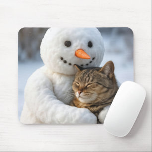 Mousepad Snowman Hugging a Tabby Cat