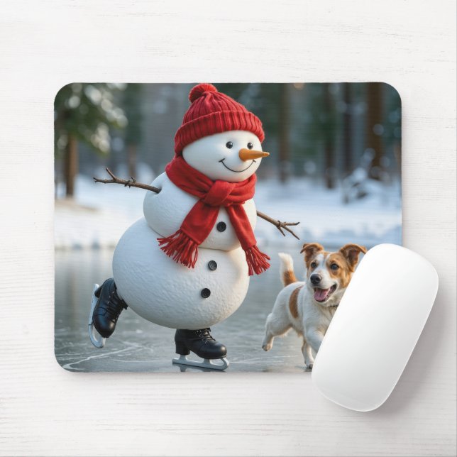 Mousepad Snowman Ice Skating With Dog (Com mouse)