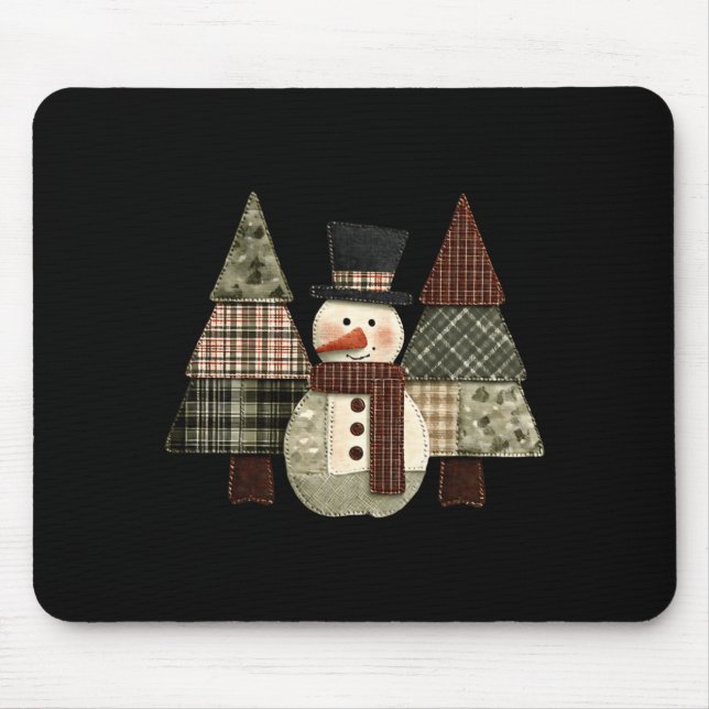 Mousepad Snowman Trees Patchwork Plaid Trees Rustic Christm (Frente)