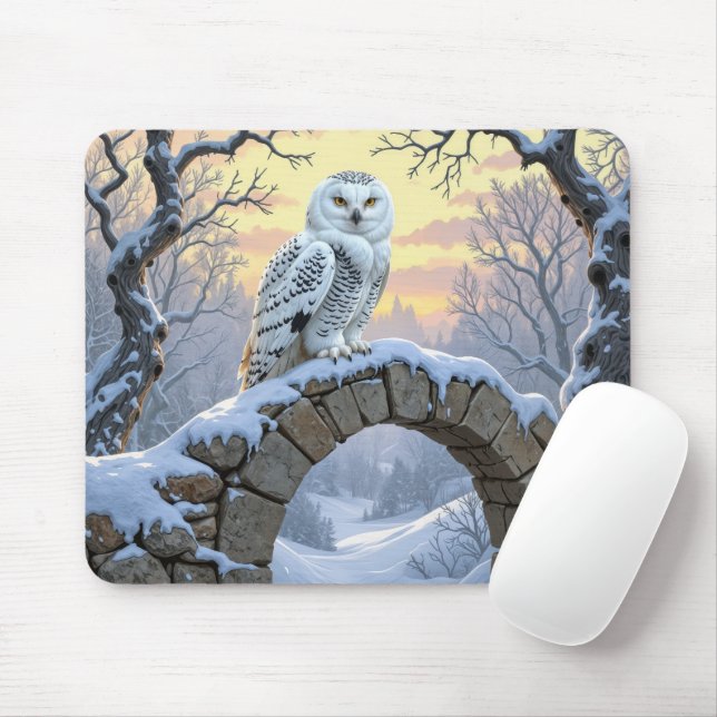 Mousepad Snowy Owl On a Stone Arch (Com mouse)