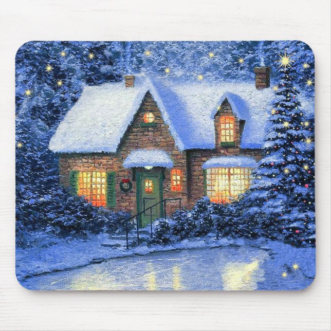 Mousepad Snowy Village Scene Pintando Presente de Natal (Frente)