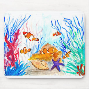 Mousepad Sob a aquarela do mar peixes oceanos mar litoral