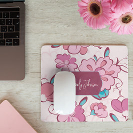 Mousepad Soft Pink Teal Floral Monogram Design Custom Name