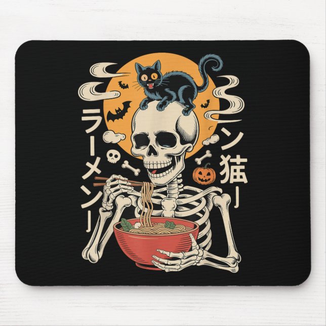 Mousepad Soky Skeleton Comendo Ramen Bowl Com Cat Halloween (Frente)