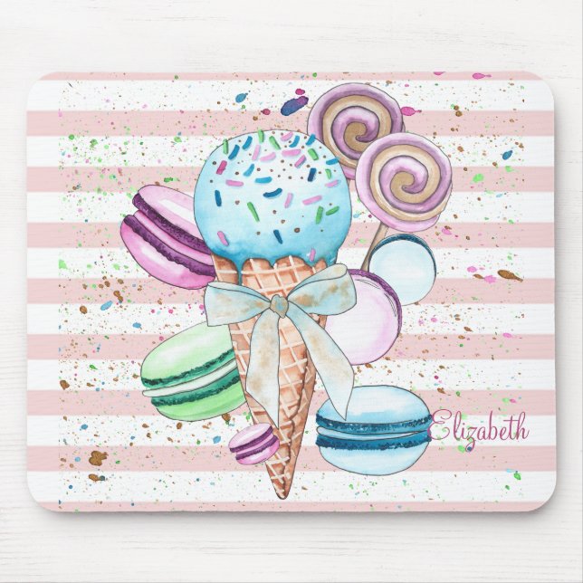 Mousepad Sorvete de aquarela,Macarons,Listras Rosa (Frente)