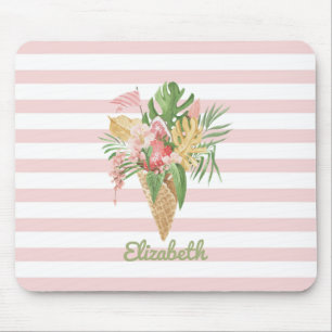 Mousepad Sorvete,Folhas Tropicais Frutas,Listras Rosa