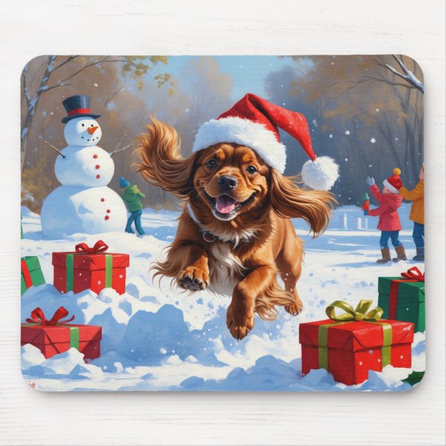 Mousepad Spaniel Tibetano Correndo na Neve com Chapéu de Na (Frente)