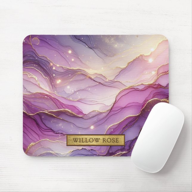 Mousepad Sparkle Pink Roxo-Roxo de Nome Dourado Abstrato (Com mouse)