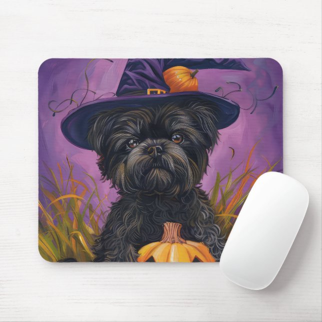 Mousepad Spooky Affenpinscher Halloween Witch e Pumpkin (Com mouse)