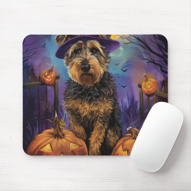 Mousepad Spooky Airedale Halloween Witch e Pumpkin (Com mouse)