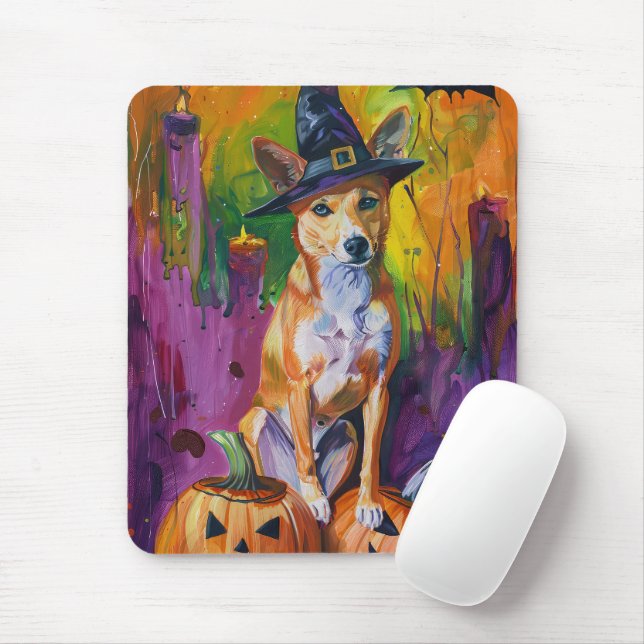 Mousepad Spooky Basenji Halloween Witch E Pumpkin (Com mouse)