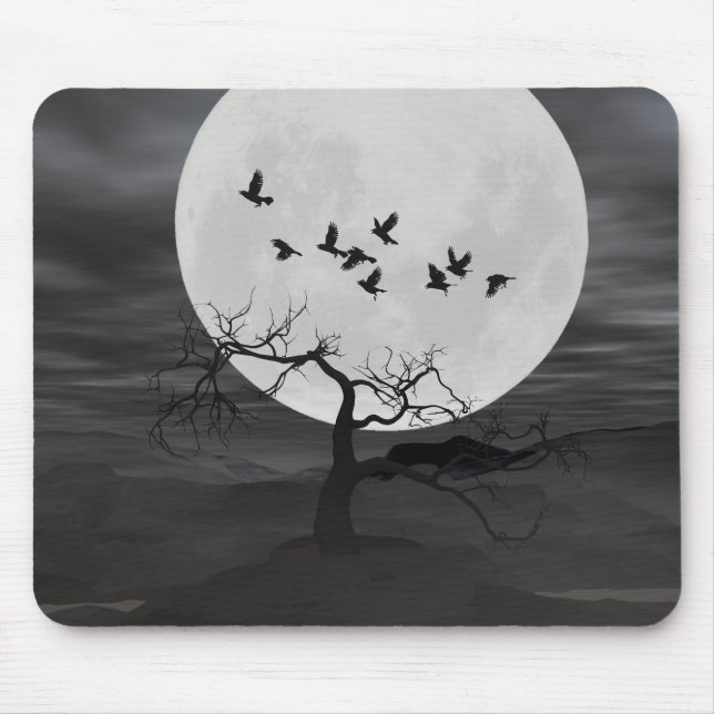 Mousepad Spooky Ravens Voando Contra a Lua Cheia (Frente)