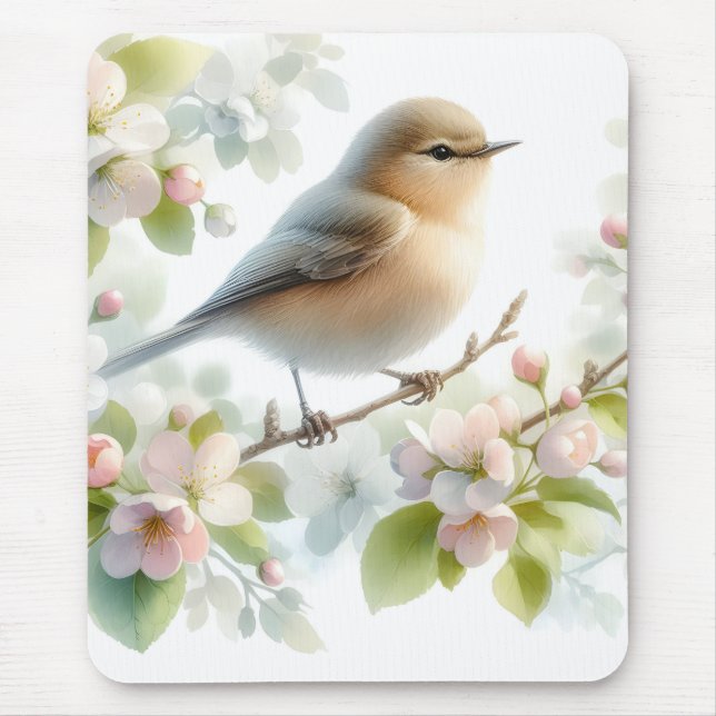 Mousepad Spring Bird Cherry Blossom Floral Watercolor (Frente)