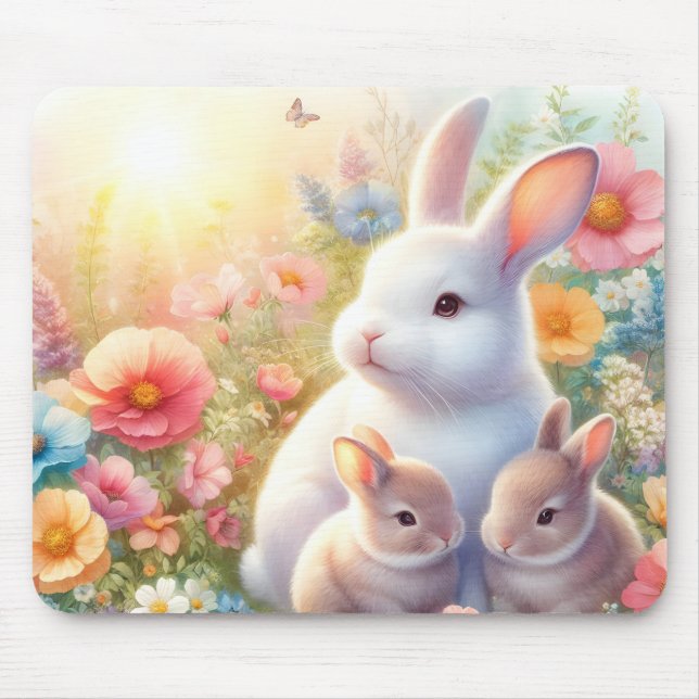 Mousepad Spring Easter Bunny Family Floral Garden (Frente)