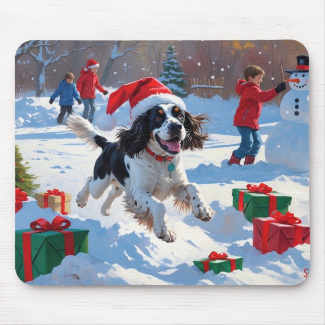 Mousepad Springer Spaniel Correndo Neve com Chapéu de Natal (Frente)