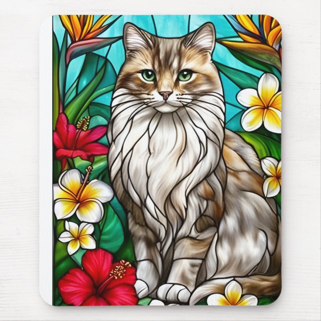 Mousepad Stained-Glass Cat Portrait Elegant Longhair Cat (Frente)