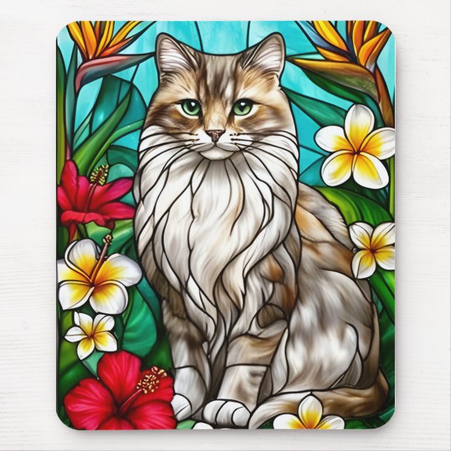 Mousepad Stained-Glass Cat Portrait Elegant Longhair Cat (Frente)