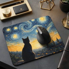 Mousepad Starry Night Overlook Black Cat & Twinkling Town 