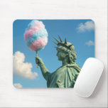 Mousepad Statue of Liberty with Cotton Candy<br><div class="desc">The Statue of Liberty is humorously illustrated holding a giant cotton candy against a backdrop of a clear sky and fluffy clouds,  adding a whimsical charm to the scene</div>
