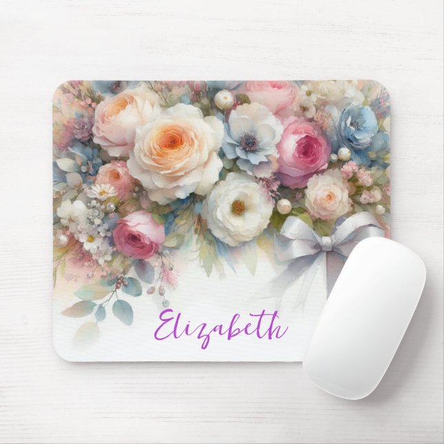 Mousepad Stylish Watercolor Flowers Your Custom Text Name (Com mouse)