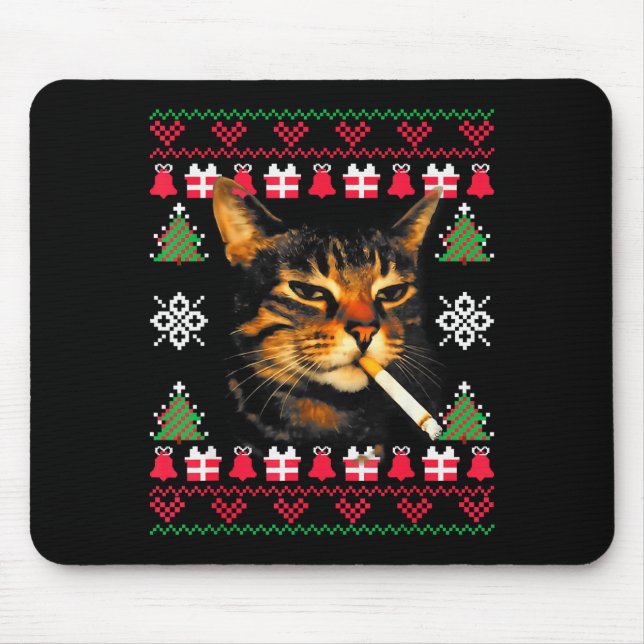 Mousepad Suéter Feio de Natal com Meme de Gato Fumando Engr (Frente)