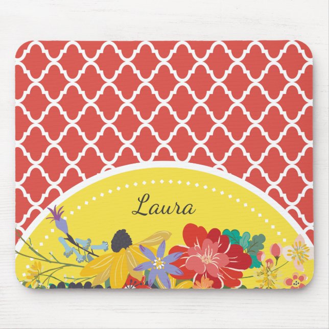 Mousepad Summer Fiesta Red Floral Quatrefoil Com Nome (Frente)