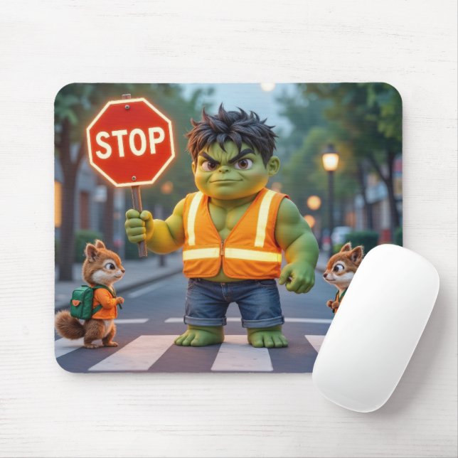 Mousepad Super-herói Verde Guarda de Trânsito Com Esquilos (Com mouse)