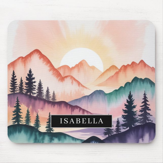 Mousepad Suporte de Mouse Montanhas Pôr do Sol Aquarela Pas (Frente)