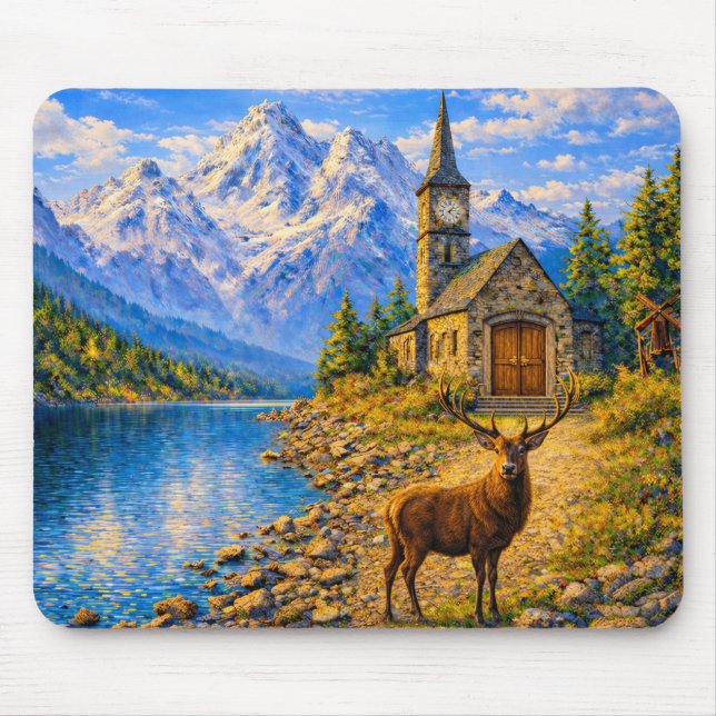 Mousepad Suporte de Mouse Mountain Lake Deer Chapel (Frente)