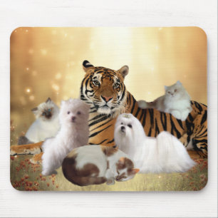 Mousepad Suporte de mouse Tigre Cães Gatos amigos