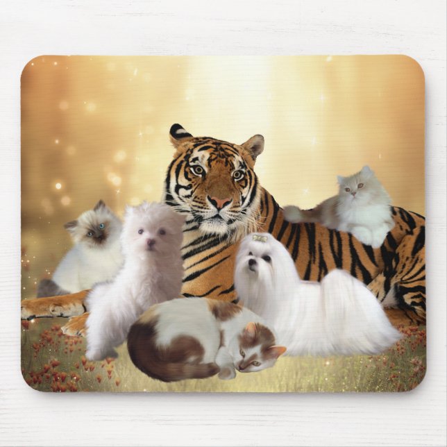 Mousepad Suporte de mouse Tigre Cães Gatos amigos (Frente)