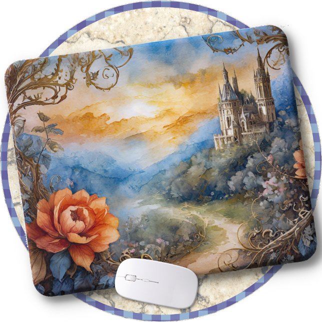 Mousepad SUPORTE PARA MOUSE - Caminho Floral para o Castelo (MOUSE PAD - A colorful work of art on a mouse pad to decorate your desk.)