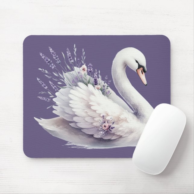 Mousepad Swan de Aquarela com Florais de Lavanda (Com mouse)