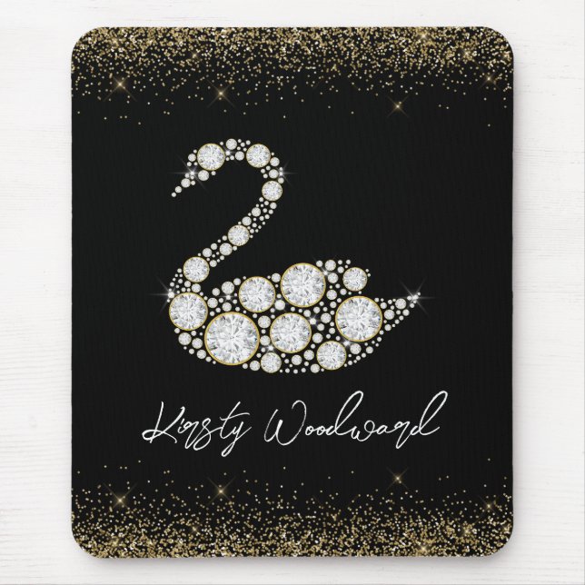 Mousepad Swan de Diamante Branco Elegante sobre fundo preto (Frente)
