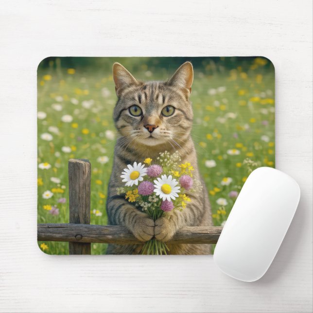 Mousepad Tabby Cat com Buquê de flor selvagem (Com mouse)
