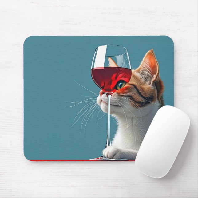 Mousepad Tabby Cat com Vidro de Vinho Vermelho (Com mouse)