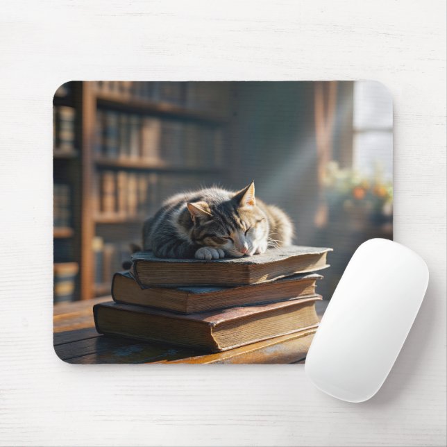 Mousepad Tabby Cat Em Livros De Biblioteca (Com mouse)